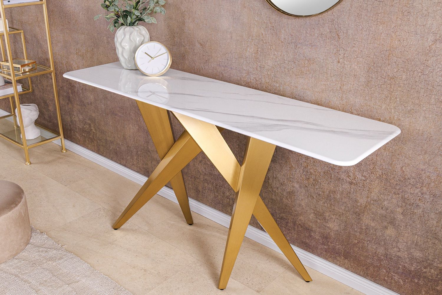 Console ART LIVING 140 cm, plateau en céramique effet marbre blanc, cadre doré champagne - 46203