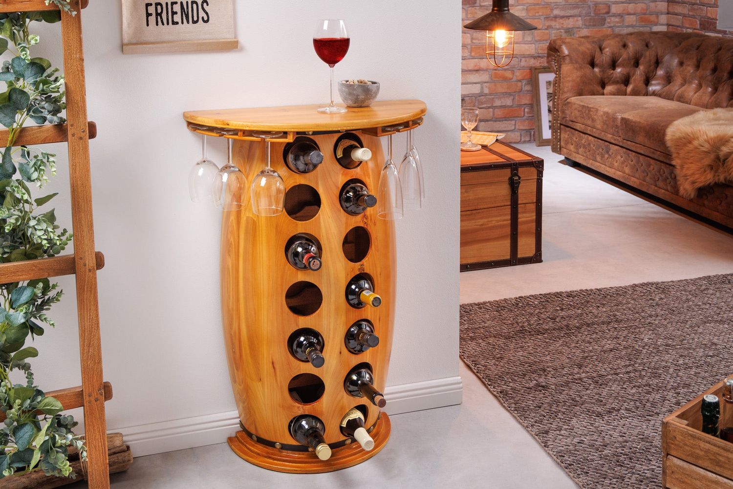 Demi-cave à vin BODEGA 85 cm pour 14 bouteilles et 6 verres en pin - 42579