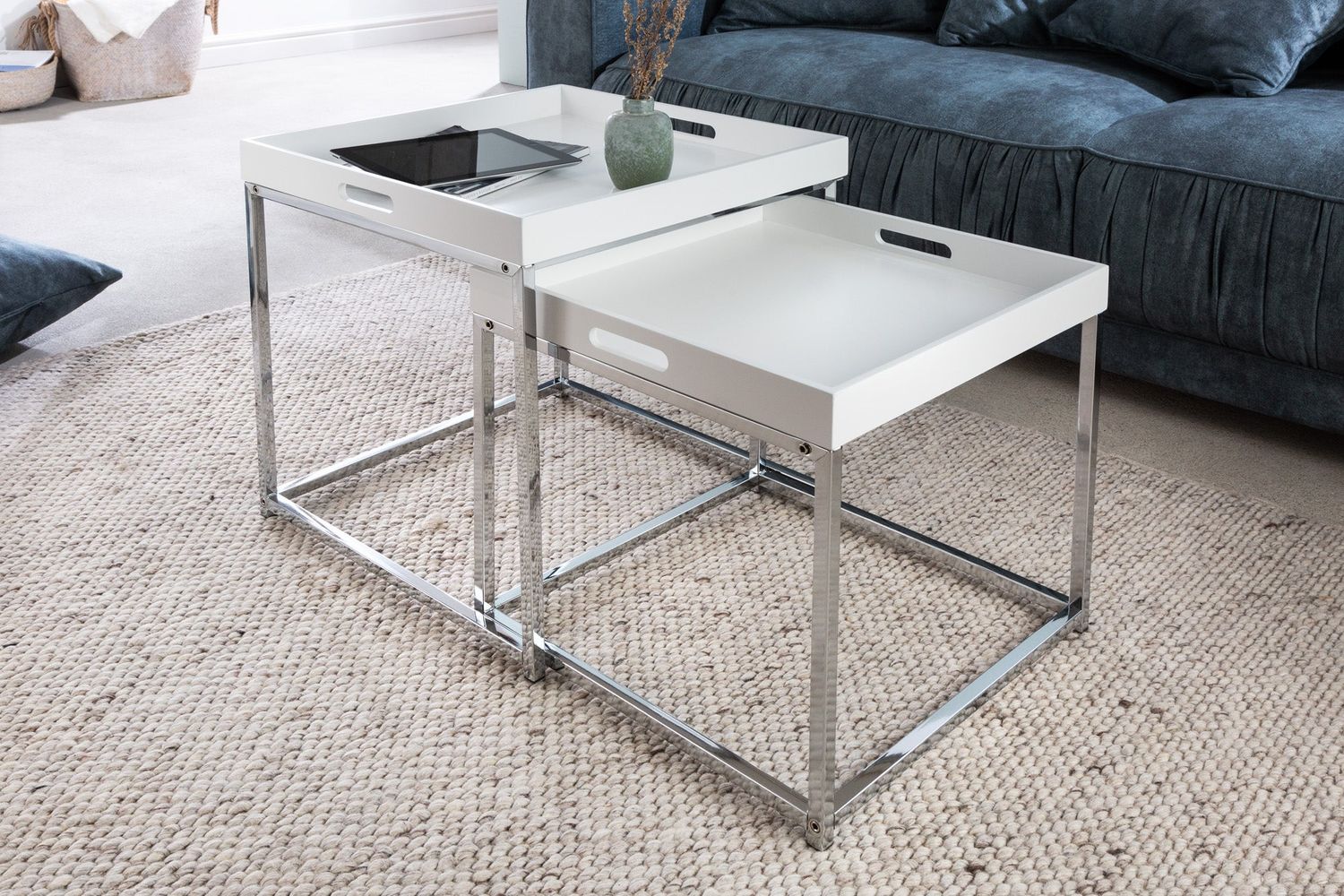 Ensemble de 2 tables d'appoint ELEMENTS avec plateaux amovibles, blanches - 41357