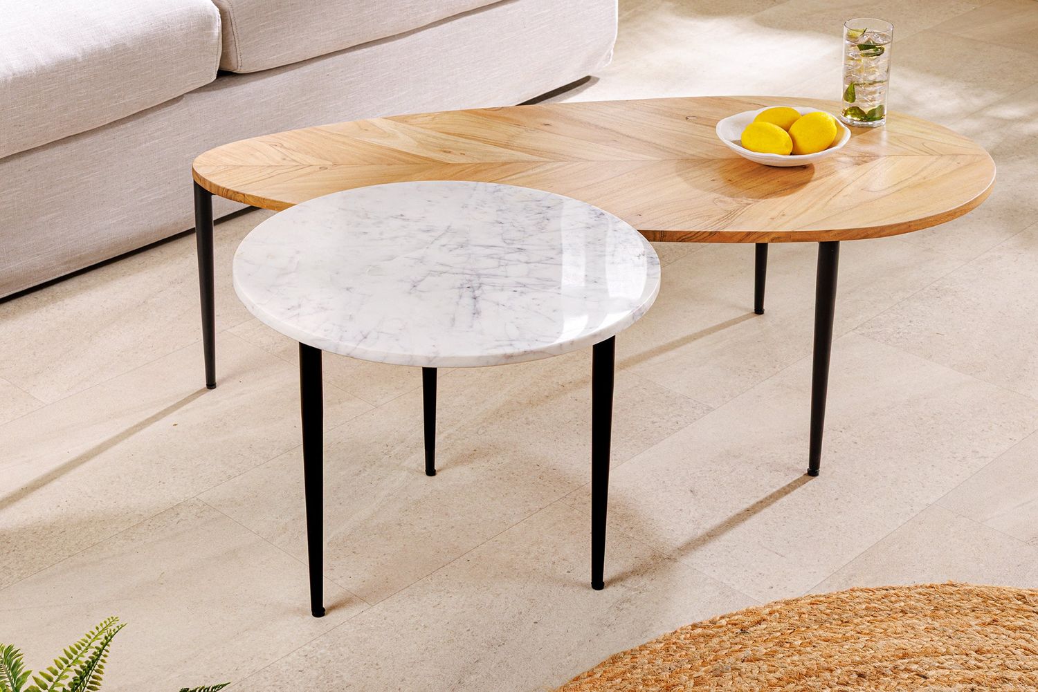 Ensemble de 2 tables basses ADLON en bois d'acacia naturel et marbre blanc - 45187