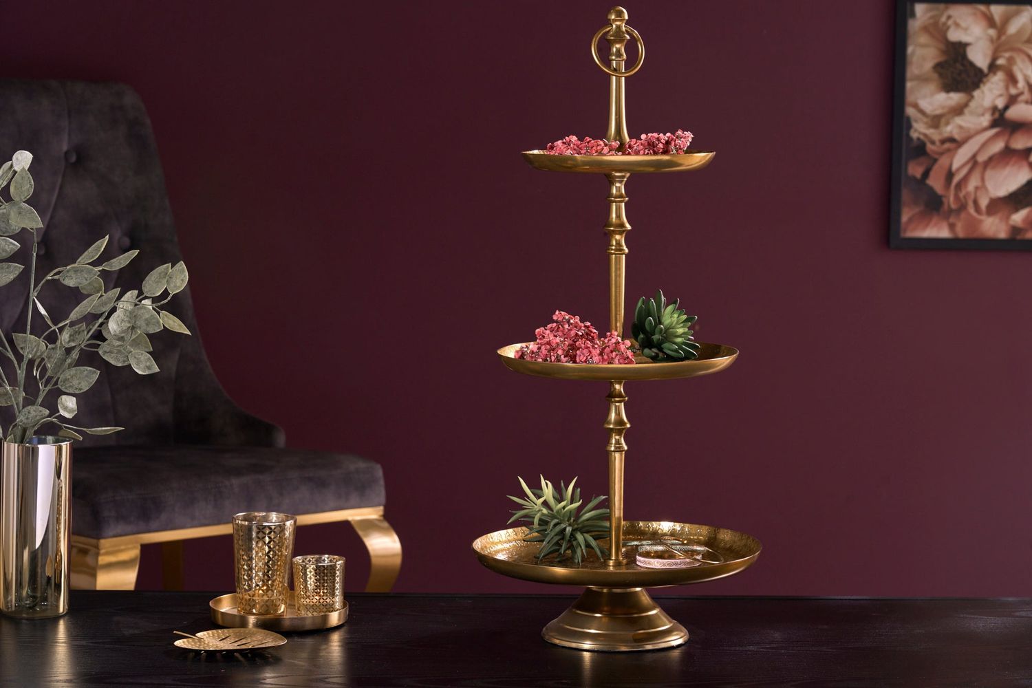 Étagère ORIENT 65cm 3 plateaux effet martelé doré - 41537