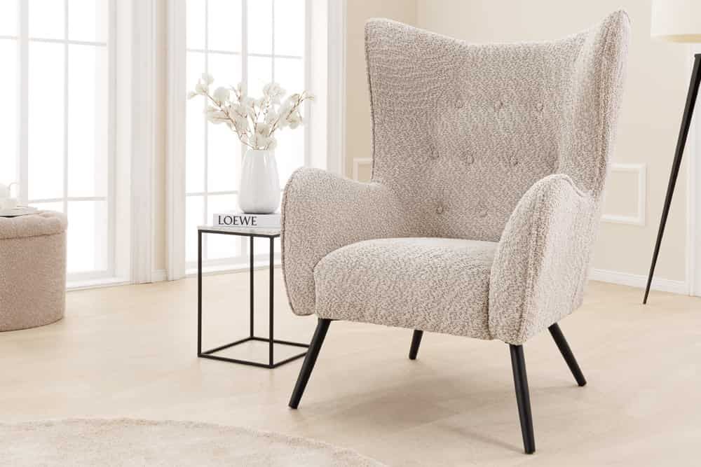 Fauteuil à oreilles AMSTERDAM bouclé grège pieds métal noir - 44483