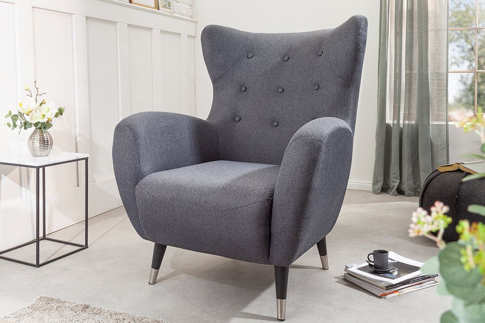 Fauteuil à oreilles DON anthracite avec embouts argentés, tissu tissé plat - 45964