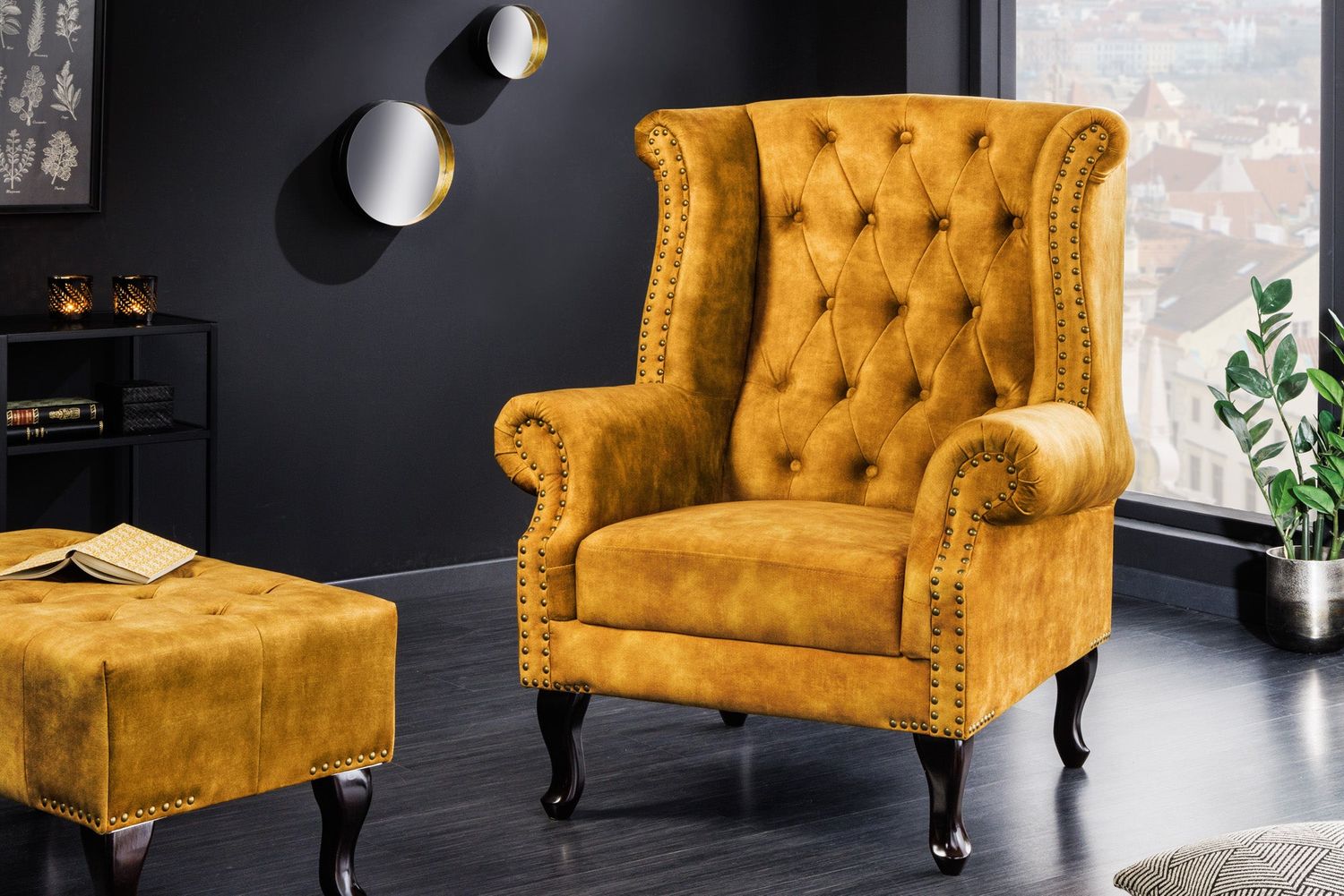 Fauteuil à oreilles CHESTERFIELD aspect antique velours jaune moutarde - 41444