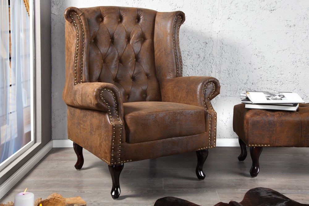 Fauteuil à oreilles CHESTERFIELD aspect antique marron - 19448