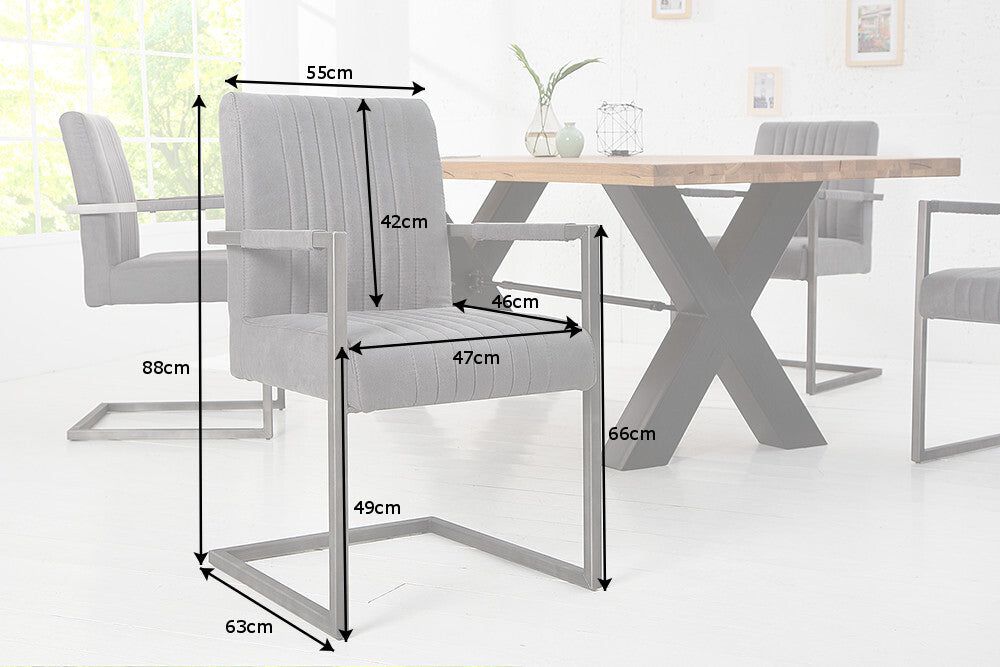 Fauteuil cantilever BIG ASTON avec accoudoirs et pieds en fer brossé, revêtement en microfibre gris vintage - 39083