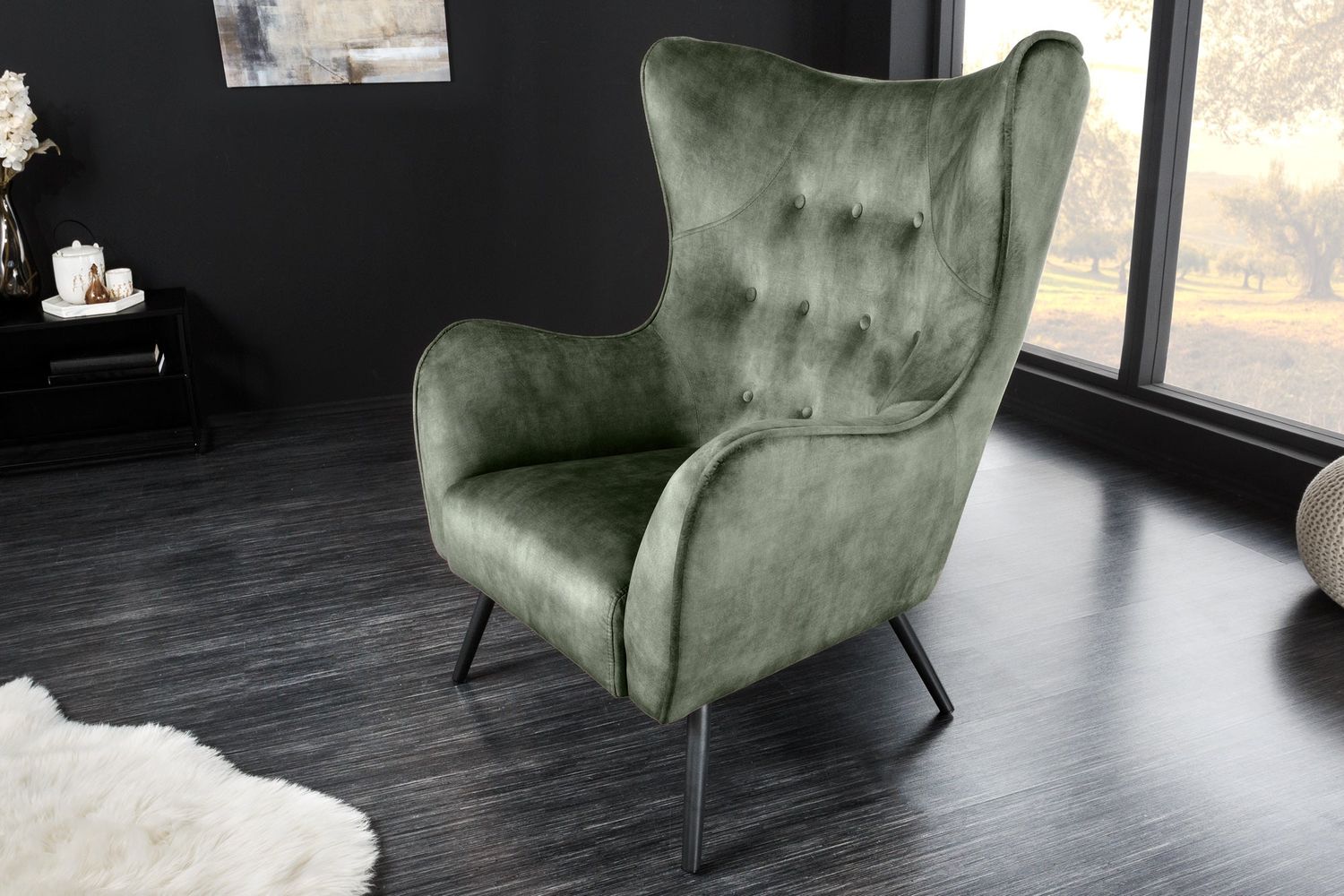 Fauteuil à oreilles AMSTERDAM en velours vert - 43569