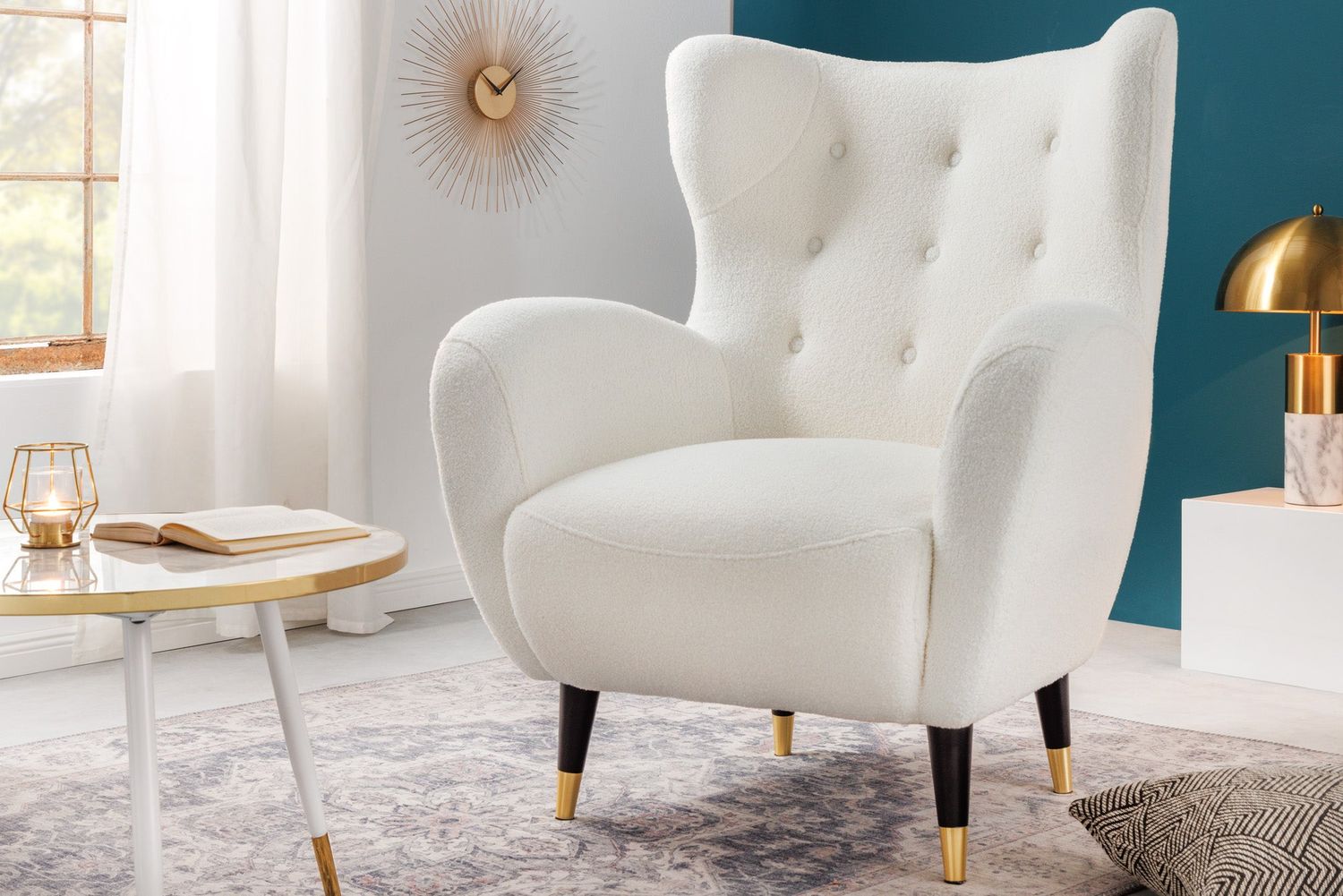 Fauteuil à oreilles DON blanc avec embouts dorés en bouclé - 45970