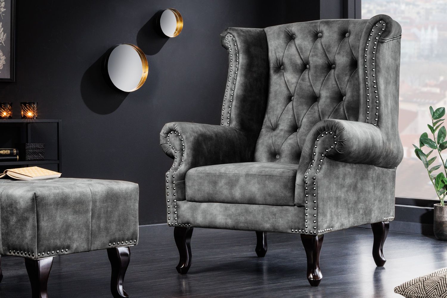 Fauteuil à oreilles CHESTERFIELD aspect velours gris antique - 43520