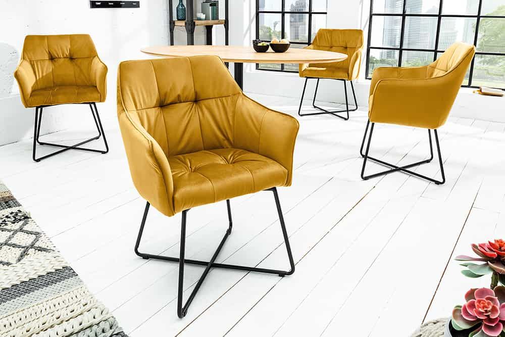 Fauteuil LOFT avec accoudoirs en velours jaune moutarde - 42474