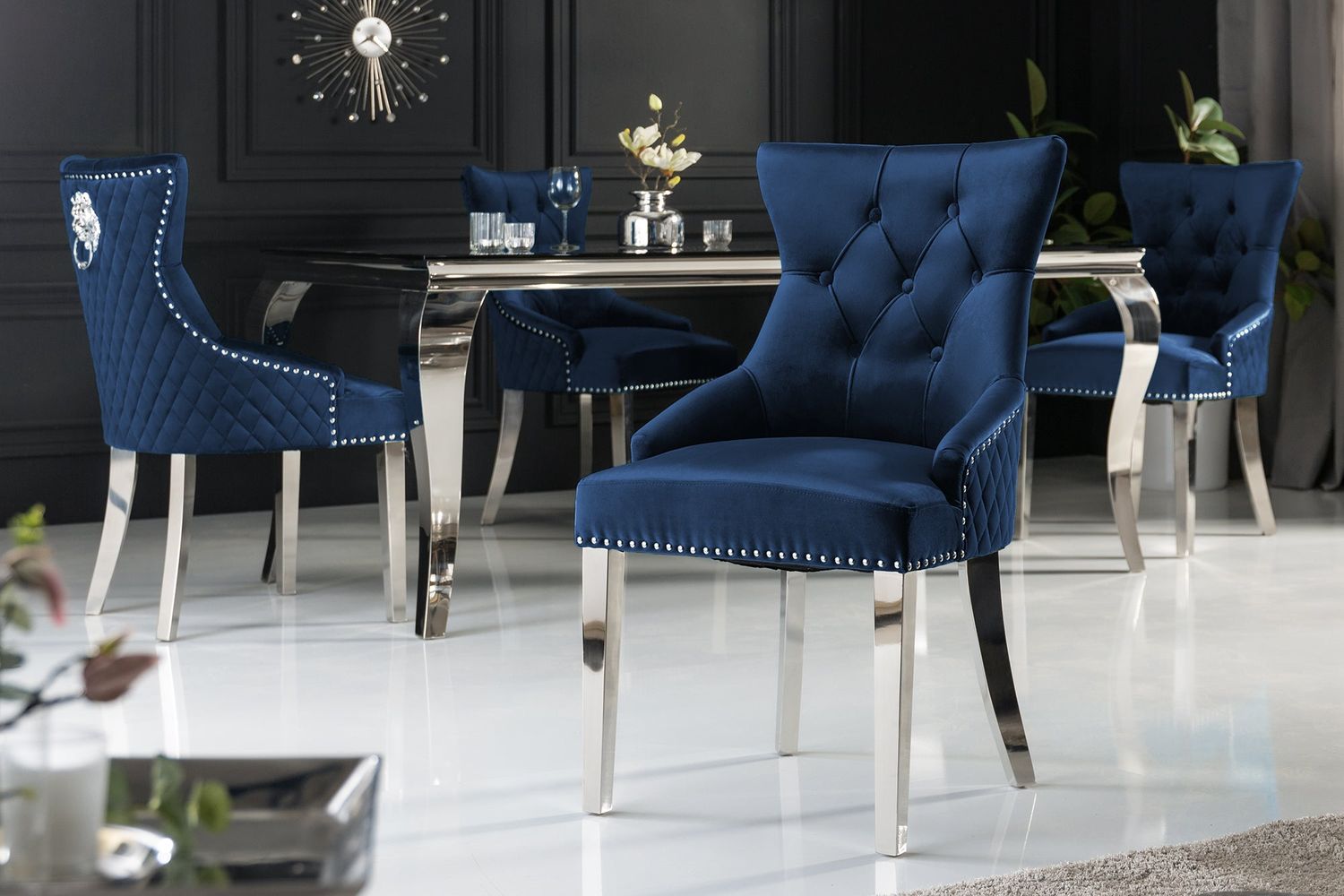 Fauteuil CASTLE DELUXE avec poignée tête de lion, velours bleu royal de style baroque - 40473