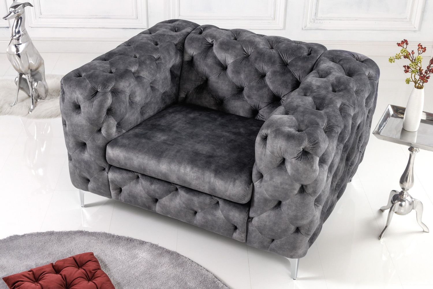 Fauteuil MODERNE BAROCK CHESTERFIELD velours gris - 6541297