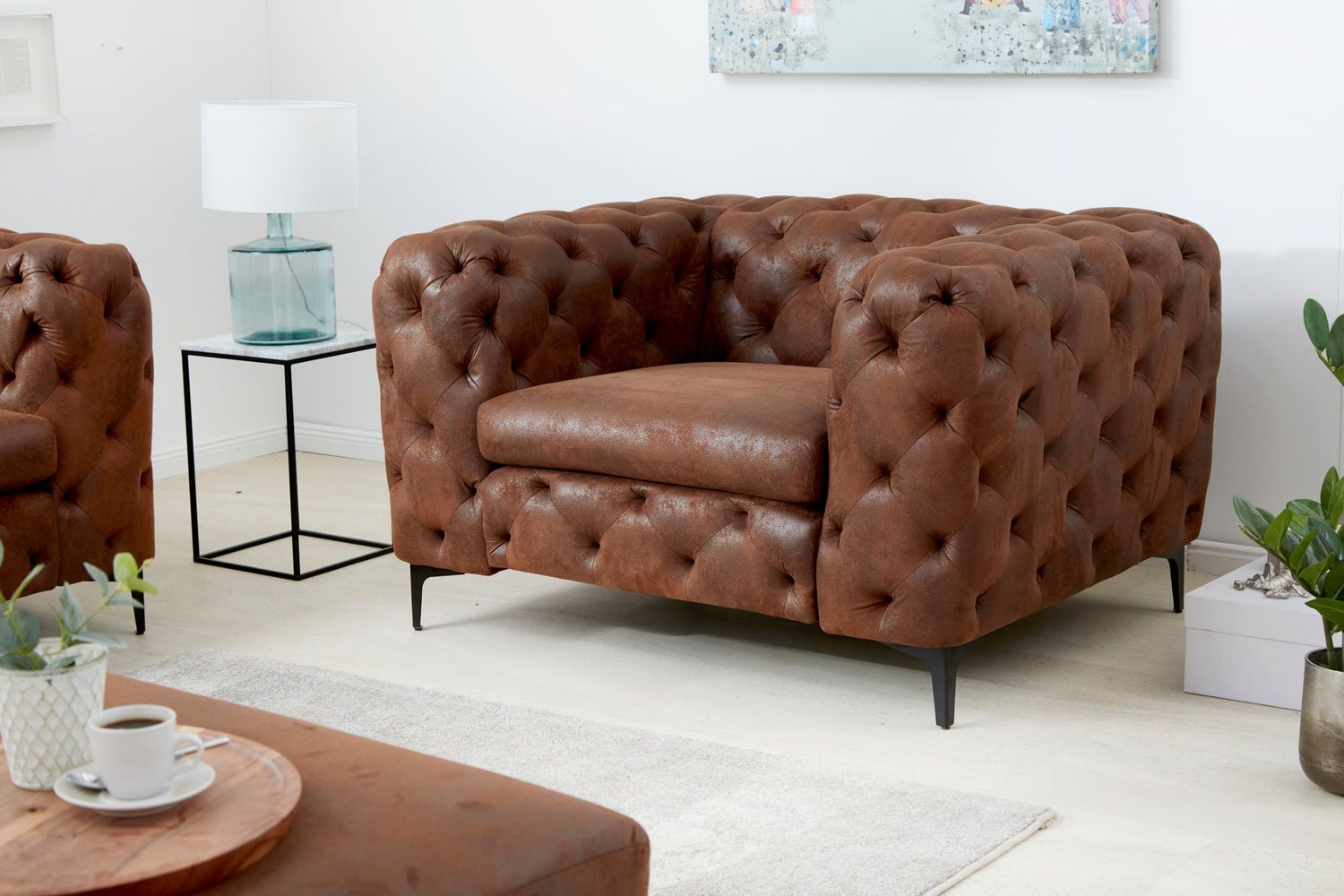 Fauteuil MODERN BAROCK 120 cm en microfibre marron antique style Chesterfield - 44399