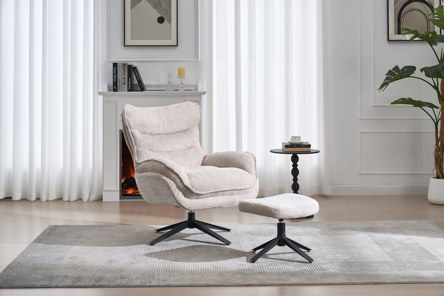 Fauteuil CLOUD pivotant à 360° en tissu texturé beige champagne avec structure en métal noir - 46705