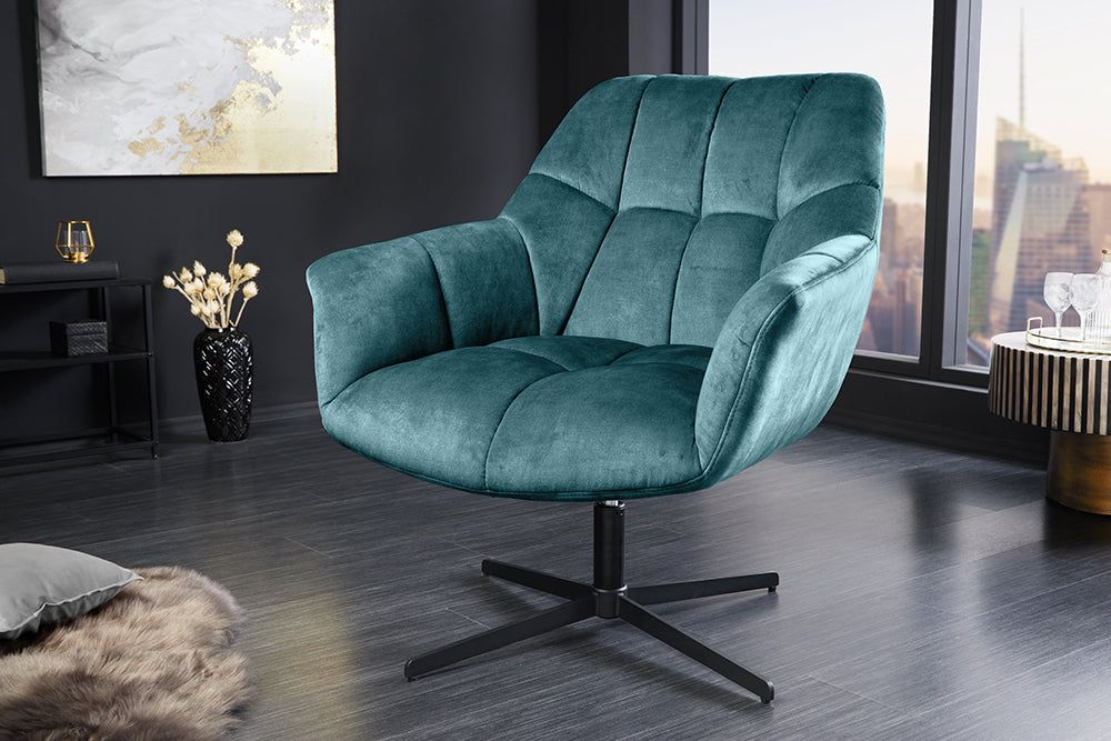 Fauteuil PAPILLON 83-90cm pivotant à 360° velours bleu sarcelle - 47473