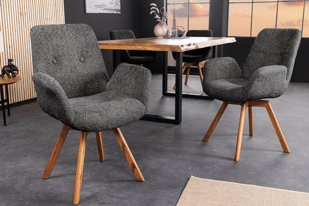 Fauteuil pivotant BALTIC rotatif à 360° en bouclé gris foncé avec pieds en chêne naturel - 45165