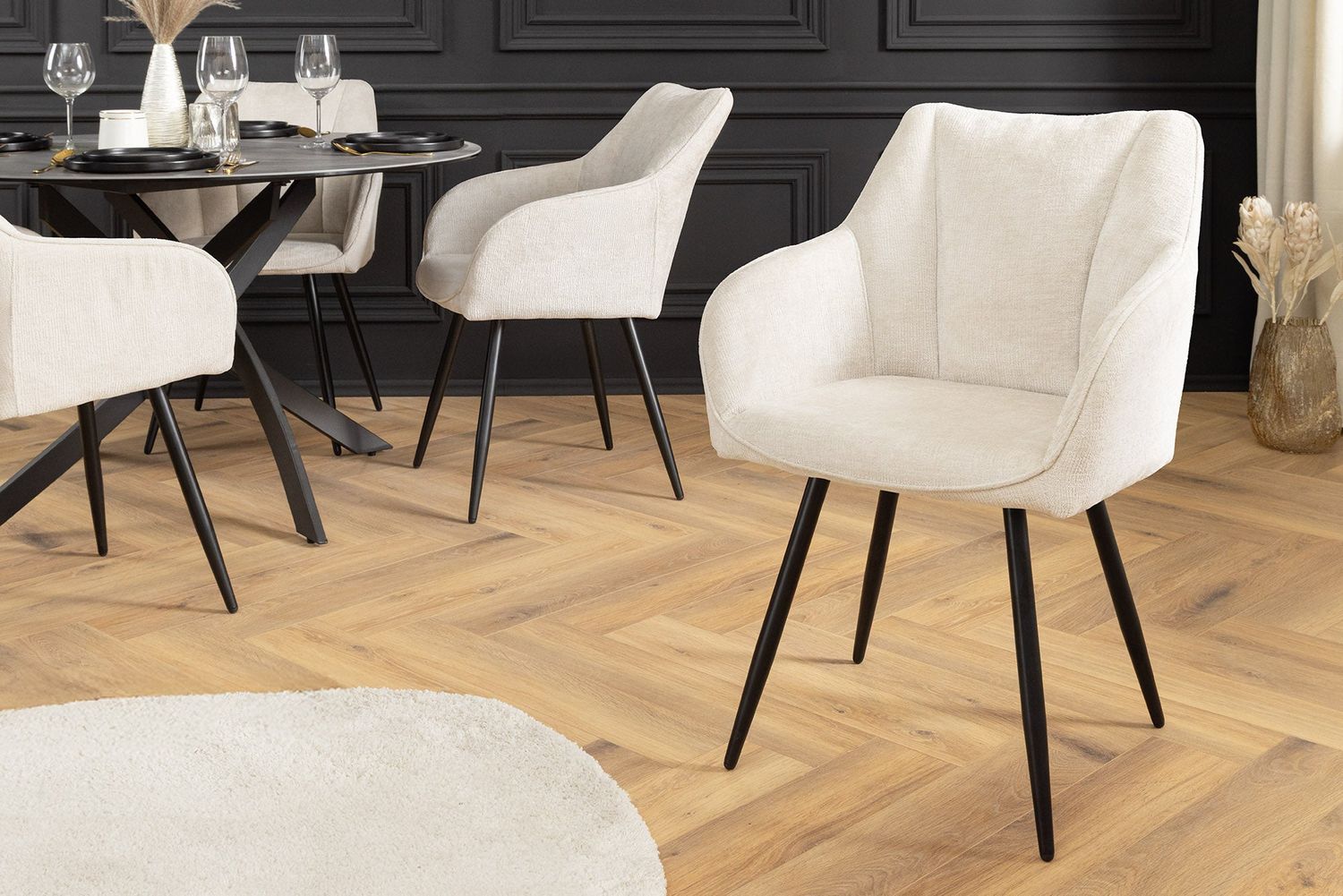 Fauteuil pivotant AVIGNON 360° avec accoudoirs, revêtement en chenille beige champagne et pieds noirs - 46470