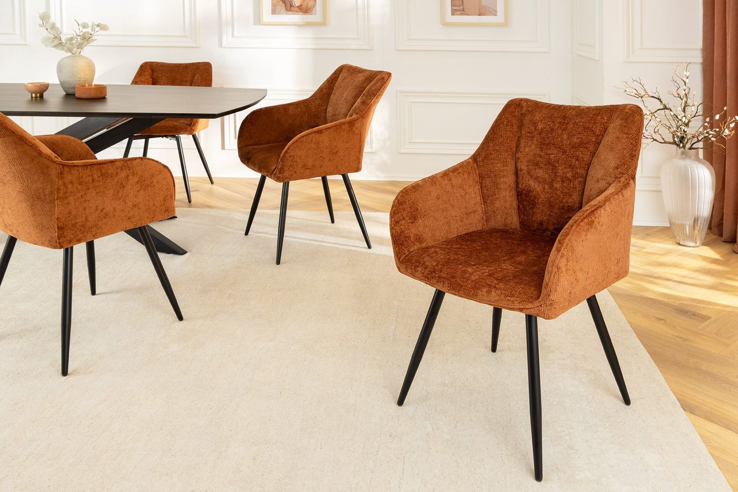 Fauteuil pivotant AVIGNON 360° avec accoudoirs, revêtement en chenille marron rouille et pieds noirs - 46471