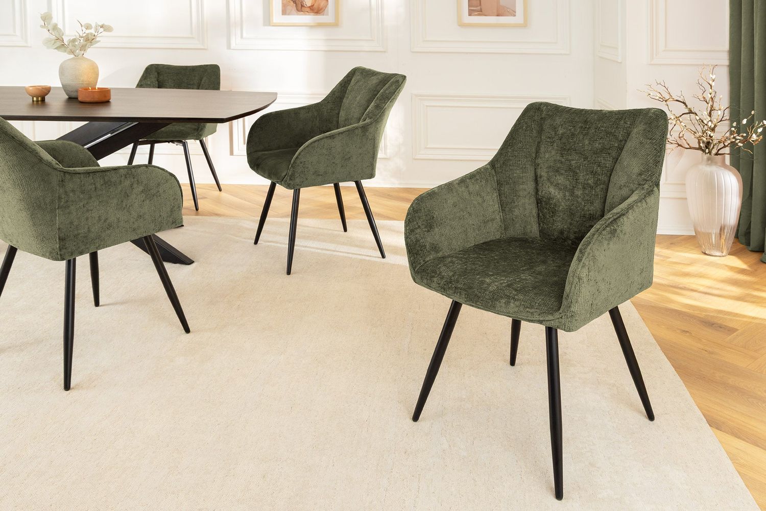 Fauteuil pivotant AVIGNON 360° avec accoudoirs, revêtement en chenille vert et pieds noirs - 46472