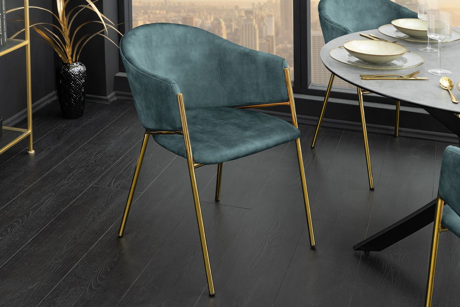 Fauteuil NOBLESSE avec accoudoirs, velours bleu sarcelle, pieds dorés - 47581