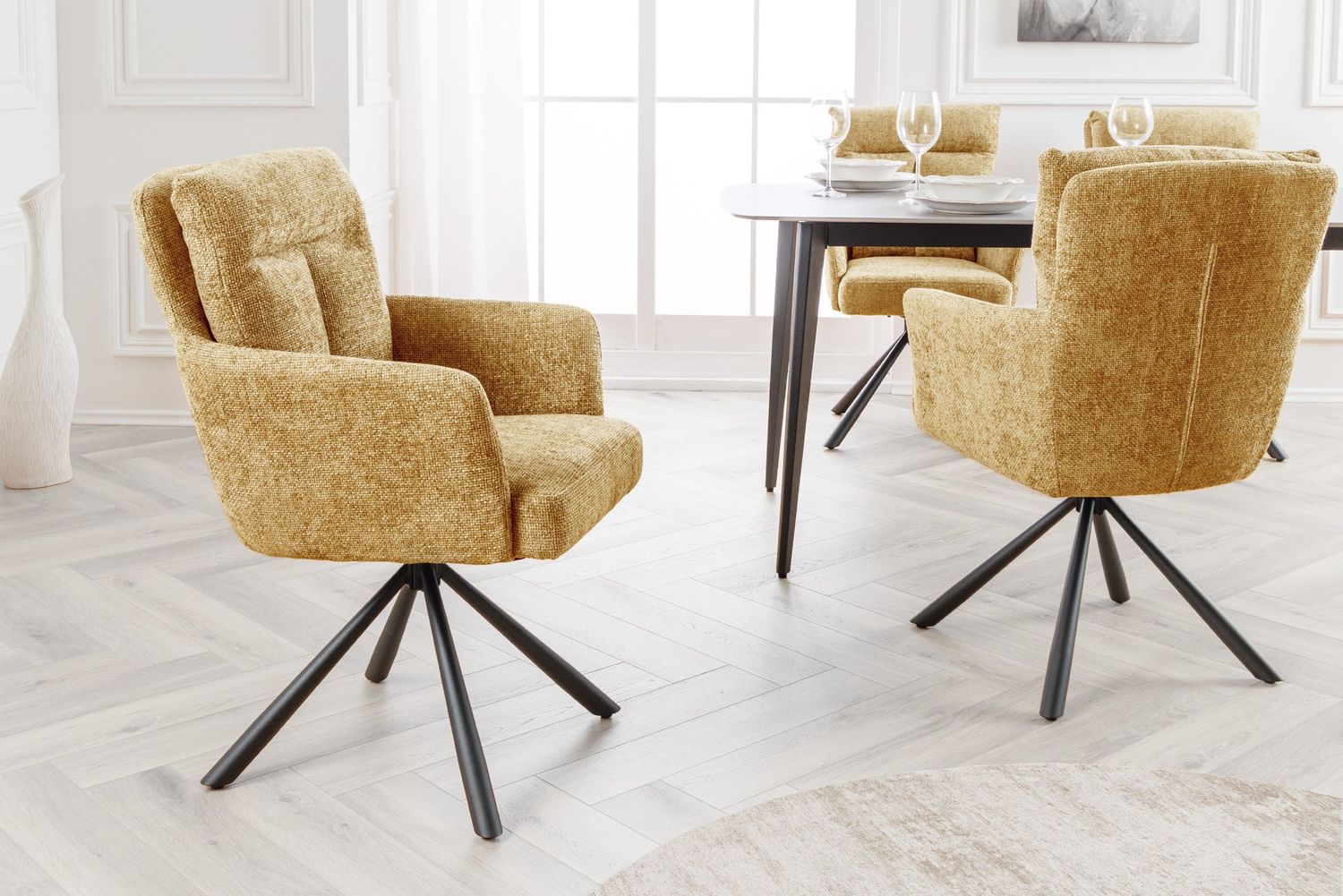 Fauteuil pivotant BIG GEORGE 360° avec accoudoirs, tissu texturé jaune moutarde - 44437