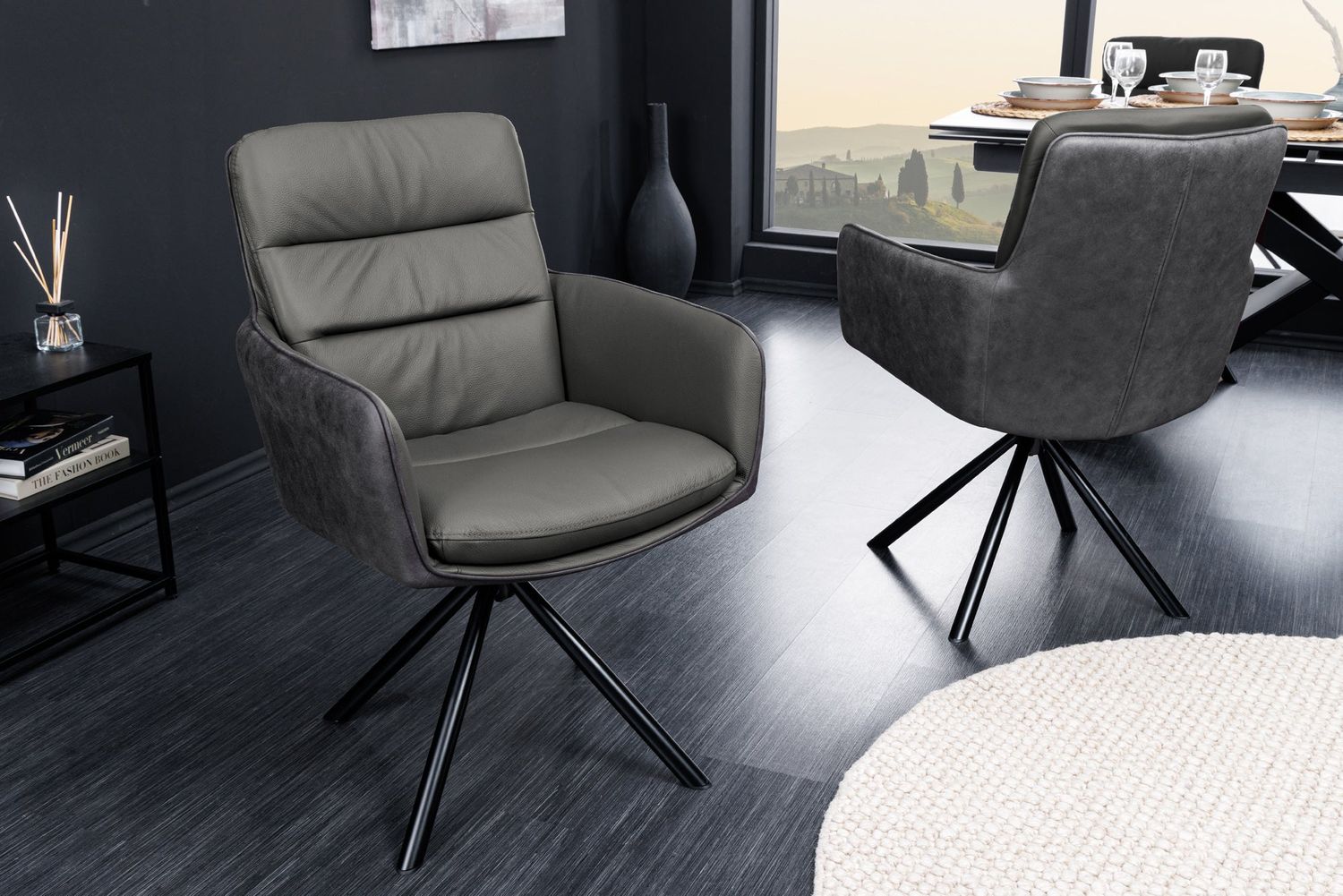 Fauteuil pivotant BIG GEORGE 360° avec accoudoirs en cuir véritable et microfibre grise - 44219