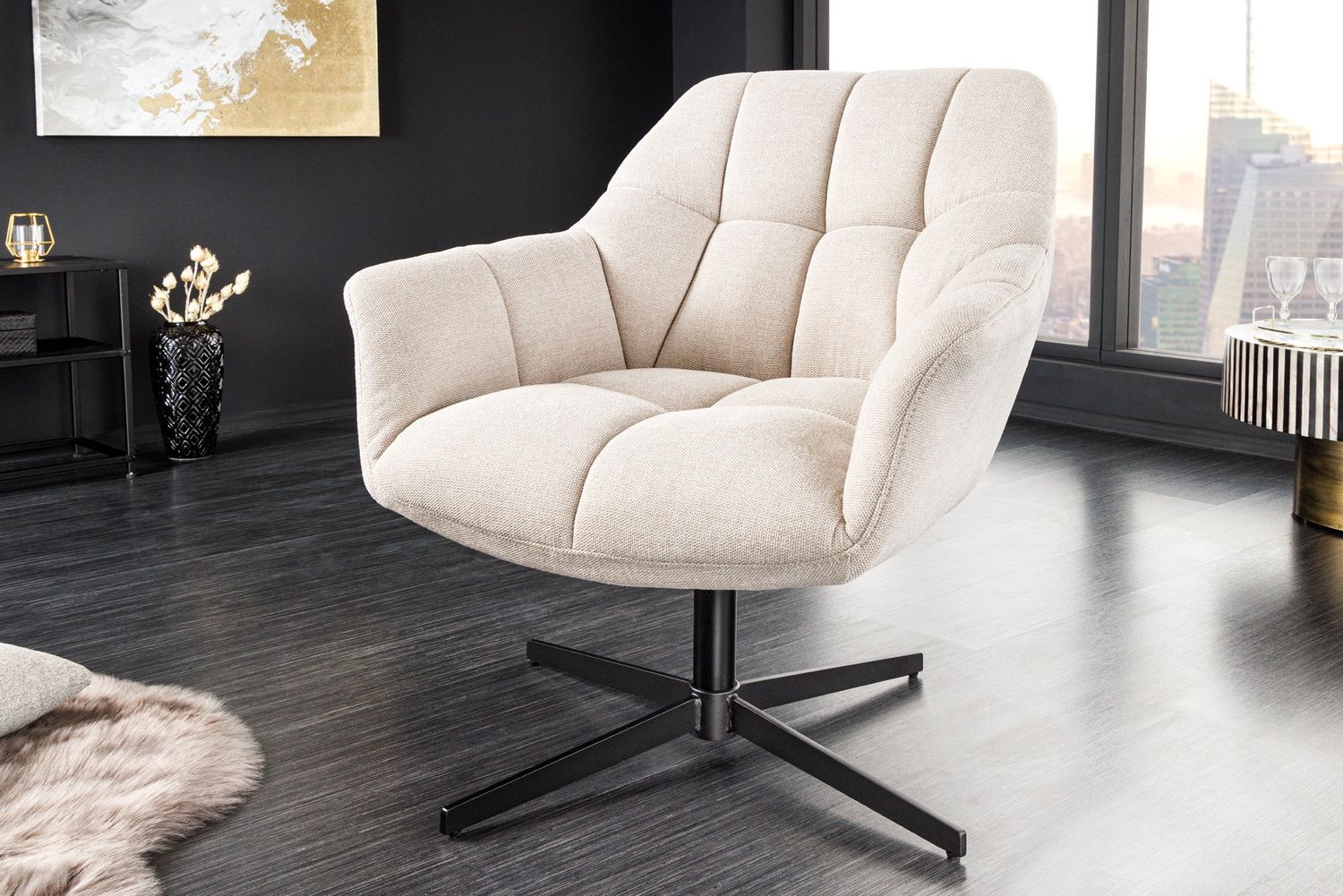 Fauteuil PAPILLON 83-90cm pivotant à 360° tissu tissé plat beige champagne - 44226