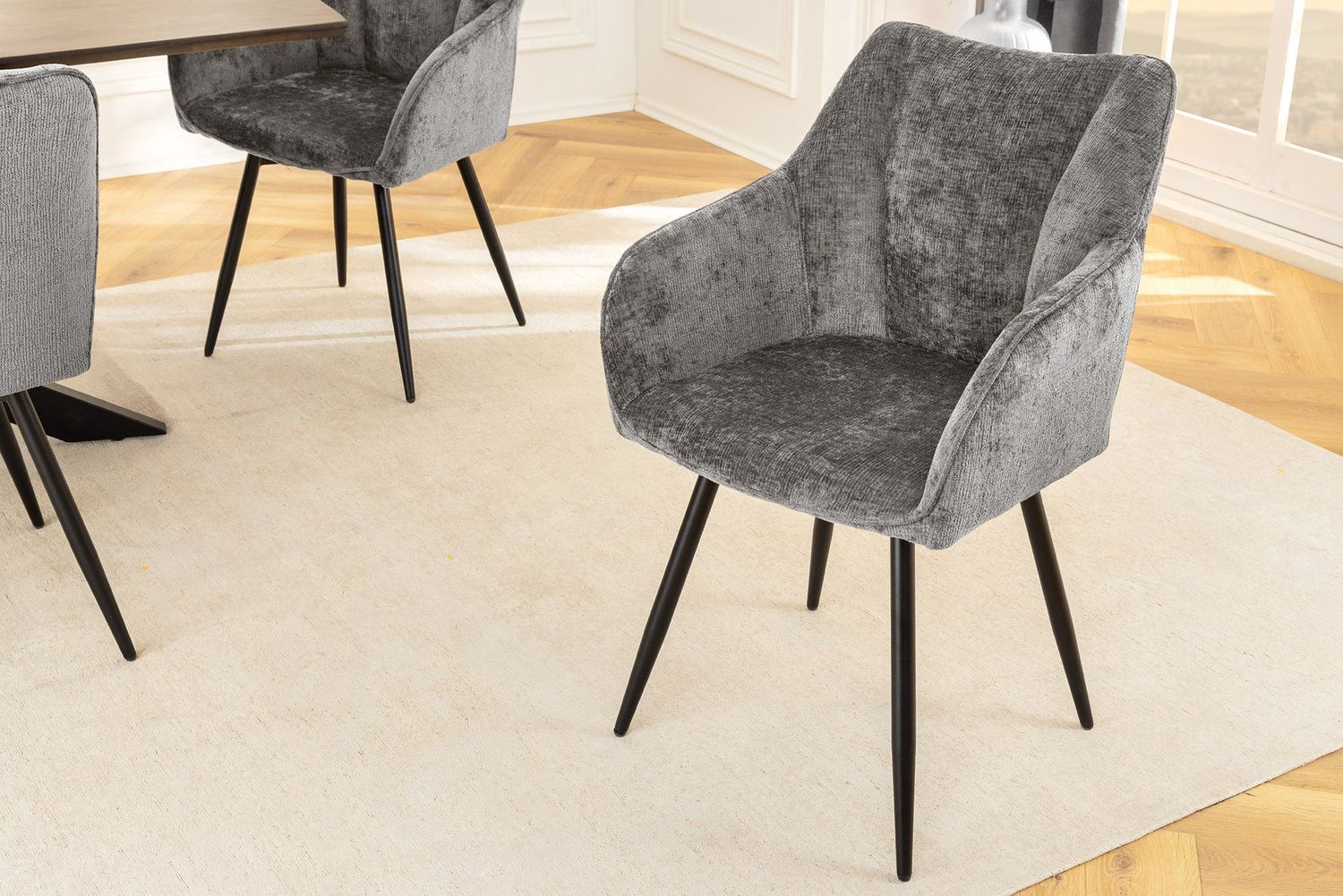 Fauteuil pivotant AVIGNON 360° avec accoudoirs, revêtement en chenille gris et pieds noirs - 46469