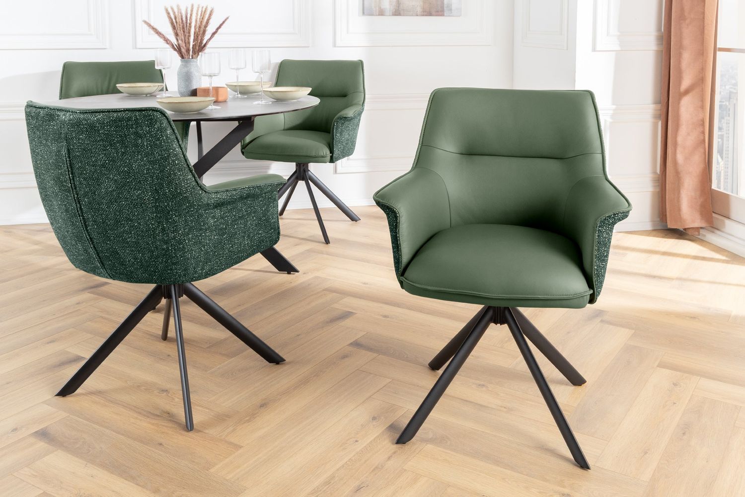 Fauteuil pivotant LE GRAND, rotation à 180°, accoudoirs, revêtement en tissu texturé et cuir vert - 46991