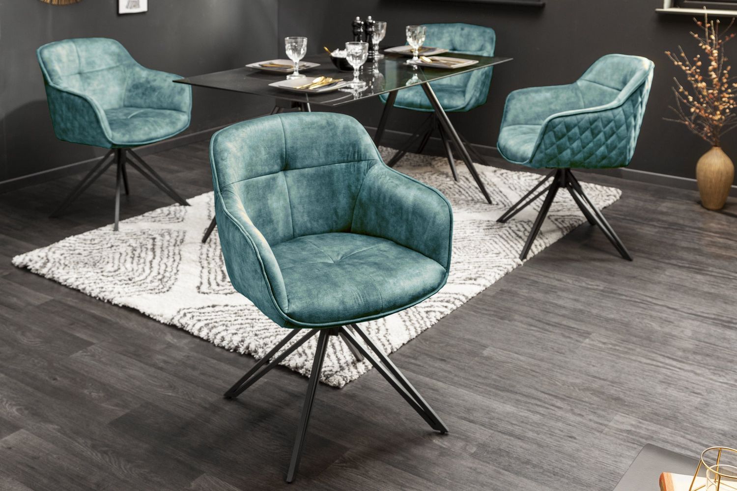 Fauteuil pivotant EUPHORIA, rotation à 180°, accoudoirs en velours bleu sarcelle - 40999