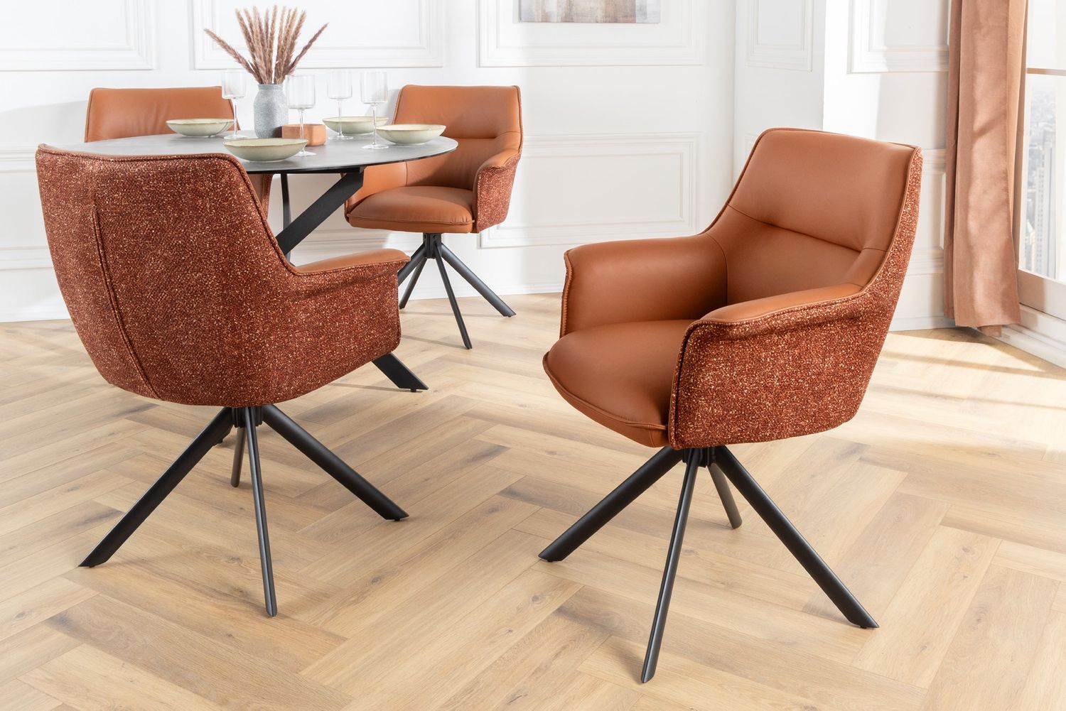 Fauteuil pivotant LE GRAND, rotation à 180°, accoudoirs, revêtement en tissu texturé et cuir marron cognac - 46989