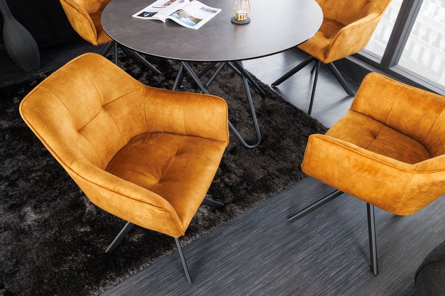 Fauteuil pivotant LOFT 180° avec accoudoirs en velours jaune moutarde - 42392