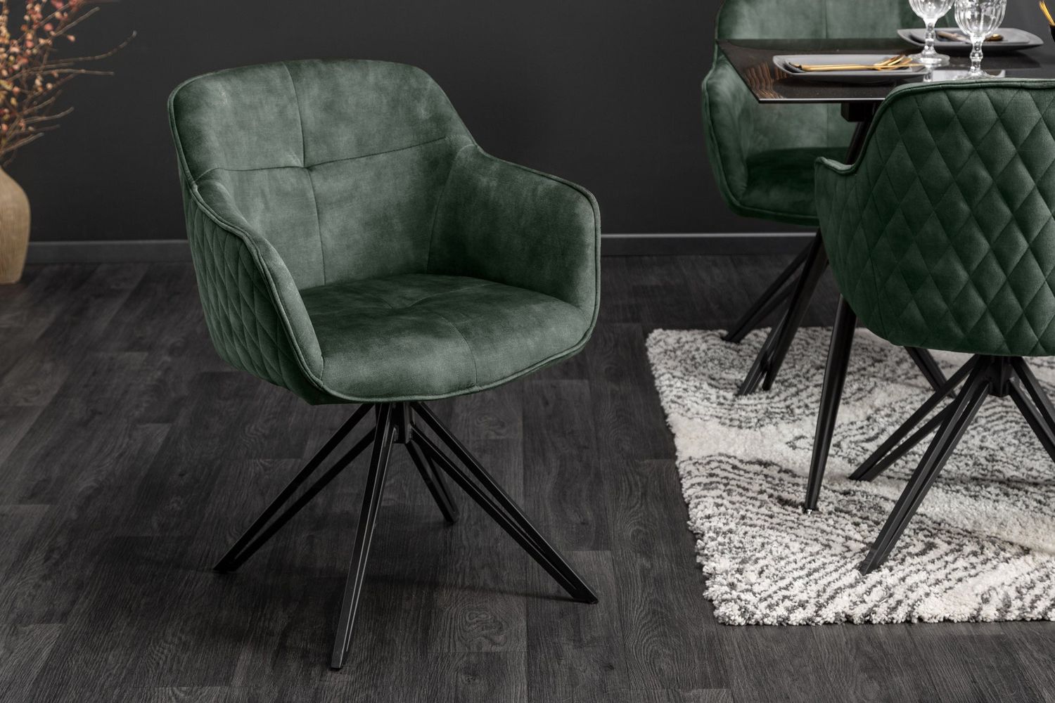 Fauteuil pivotant EUPHORIA, rotation à 180°, accoudoirs en velours vert foncé - 40261
