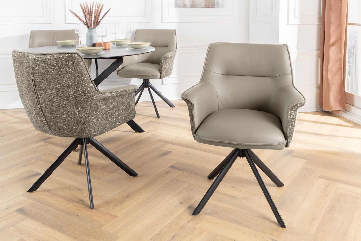 Fauteuil pivotant LE GRAND, rotation à 180°, accoudoirs, revêtement en tissu texturé et cuir taupe - 46990