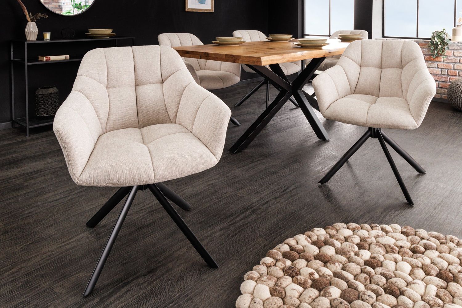 Fauteuil pivotant PAPILLON pivotant à 180° avec accoudoirs, tissu texturé beige champagne - 43110