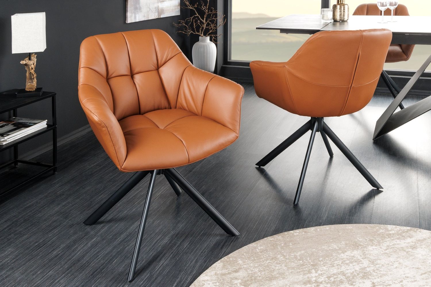 Fauteuil pivotant PAPILLON pivotant à 180° avec accoudoirs, cuir cognac noir - 44596