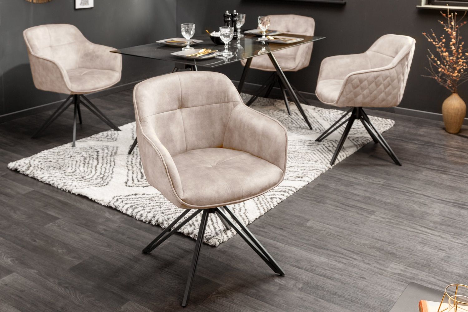 Fauteuil pivotant EUPHORIA, rotation à 180°, accoudoirs, velours champagne gris-beige - 40259