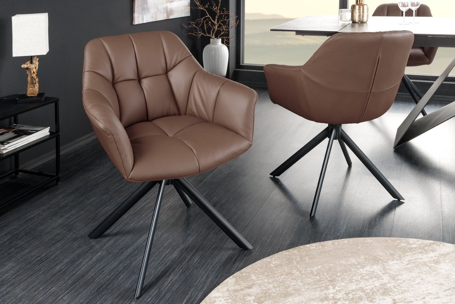Fauteuil pivotant PAPILLON pivotant à 180° avec accoudoirs, cuir marron et noir - 44595