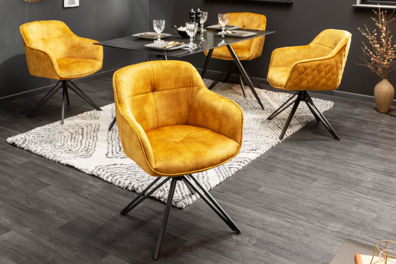 Fauteuil pivotant EUPHORIA, rotation à 180°, accoudoirs en velours jaune moutarde - 40260