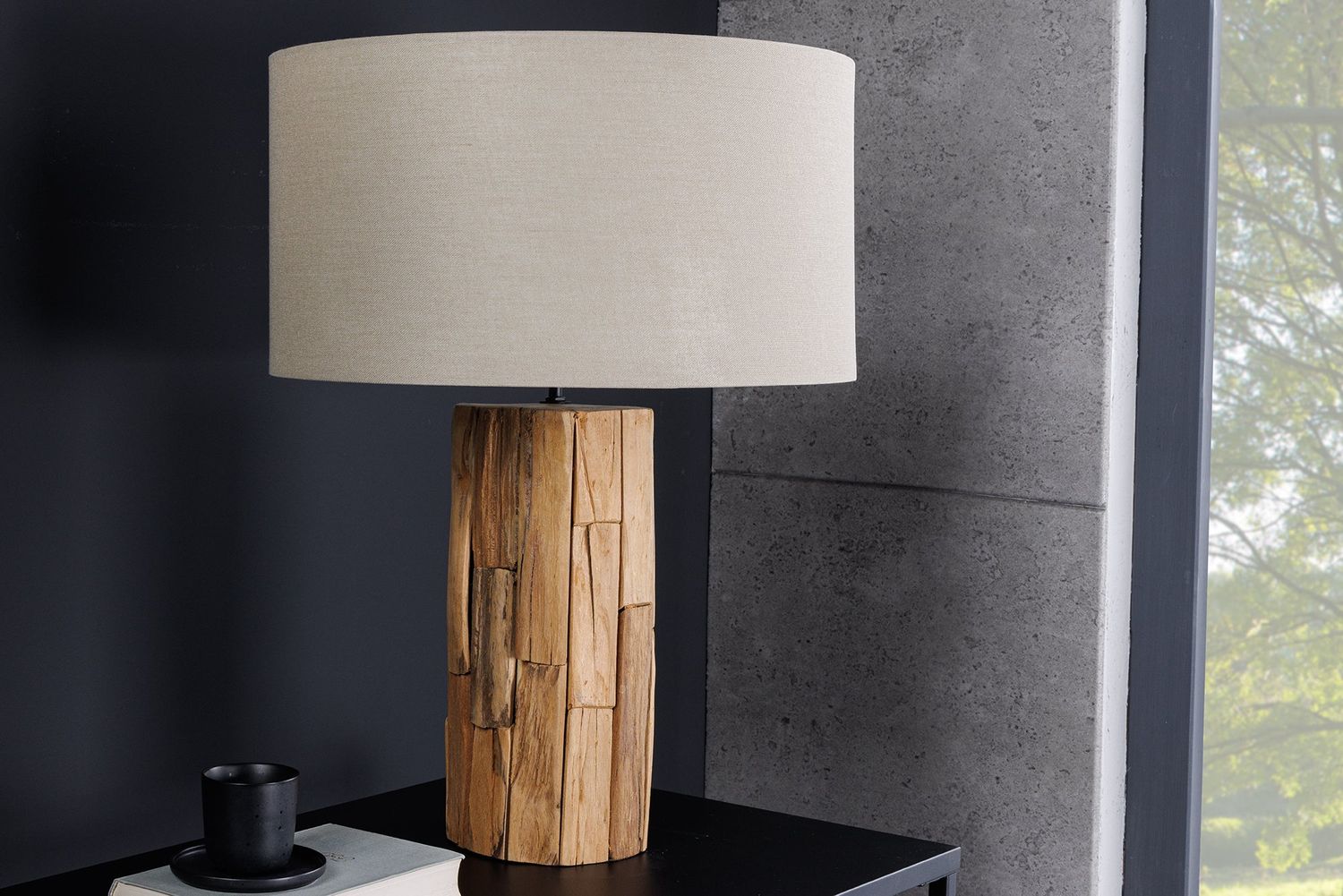 Abat-jour rond en lin beige 40 x 22 x 40 cm pour lampe de table - 42004-2