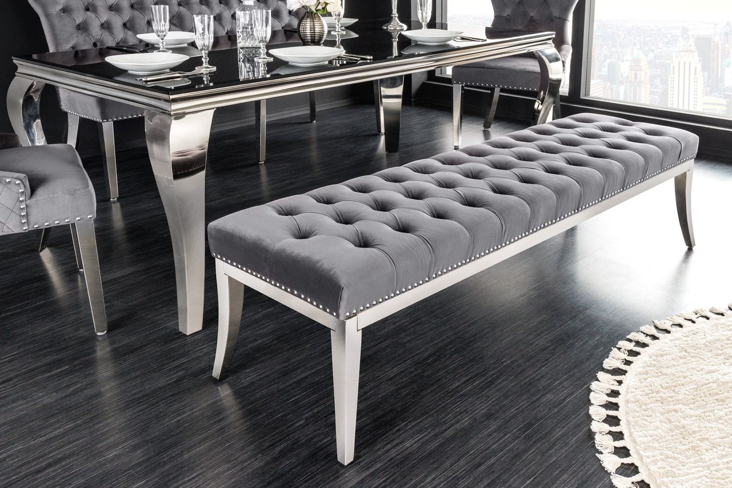 Banc CASTLE DELUXE 165 cm en velours gris style baroque - 43212