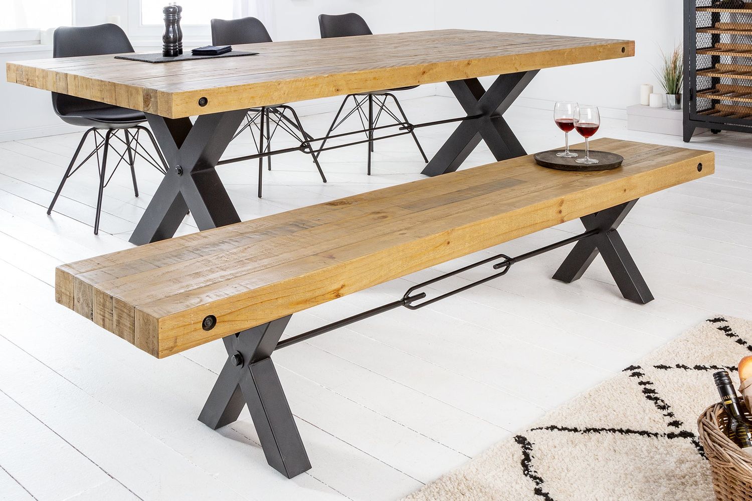 Banc THOR 200 cm, pieds en X, pin brun vintage - 43677