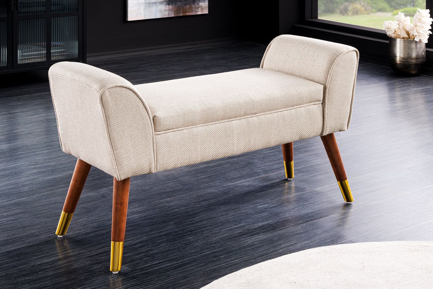 Banc SCARLETT 90 cm en tissu texturé beige style rétro - 44780