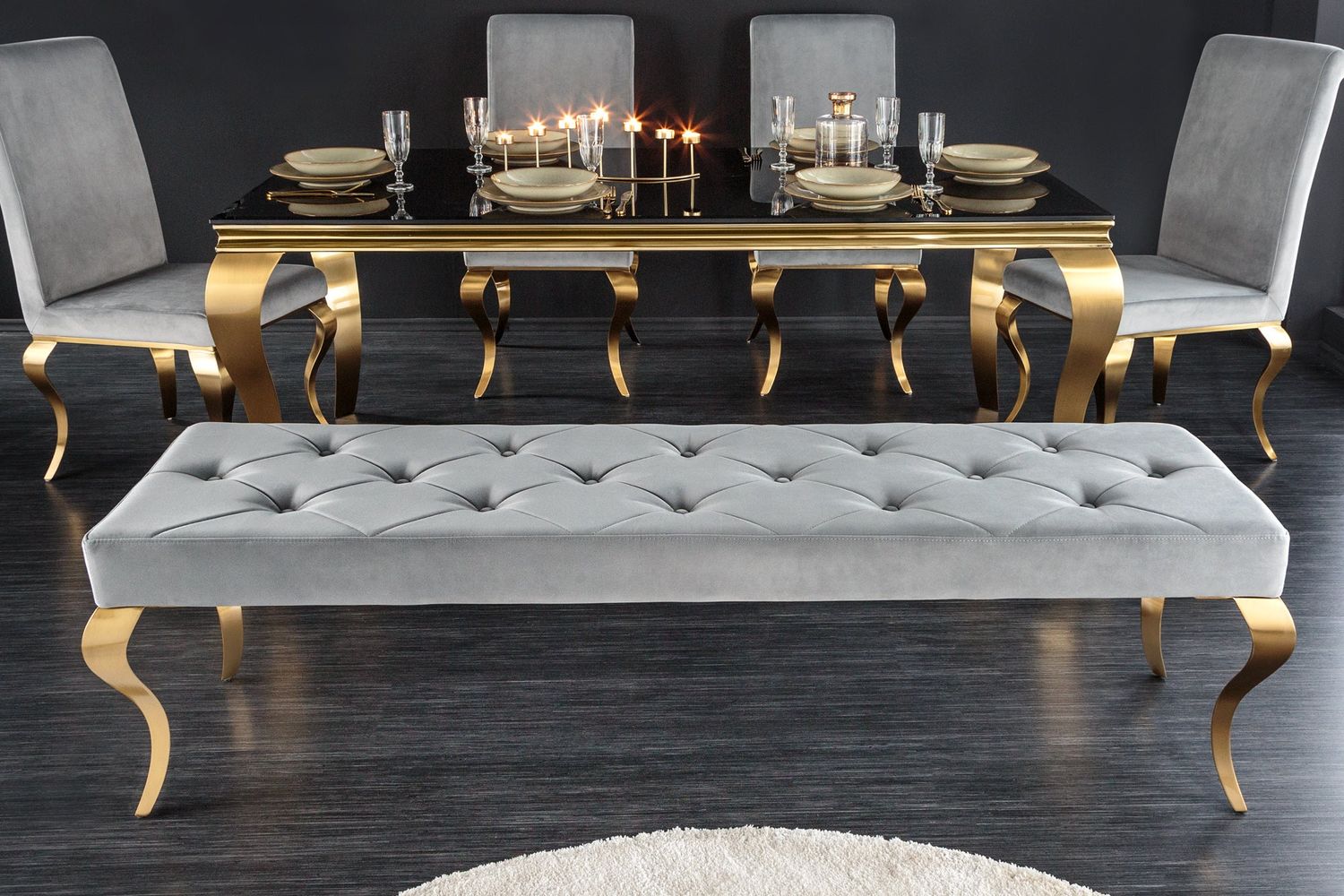 Banc MODERN BAROCK 170cm velours gris pieds dorés - 43385