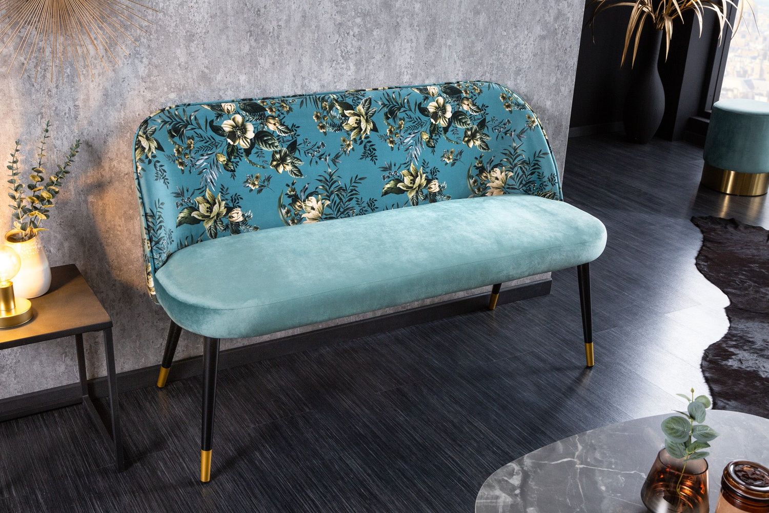 Banc PRÊT-À-PORTER BOUTIQUE 130cm velours turquoise avec embouts pieds dorés - 41706