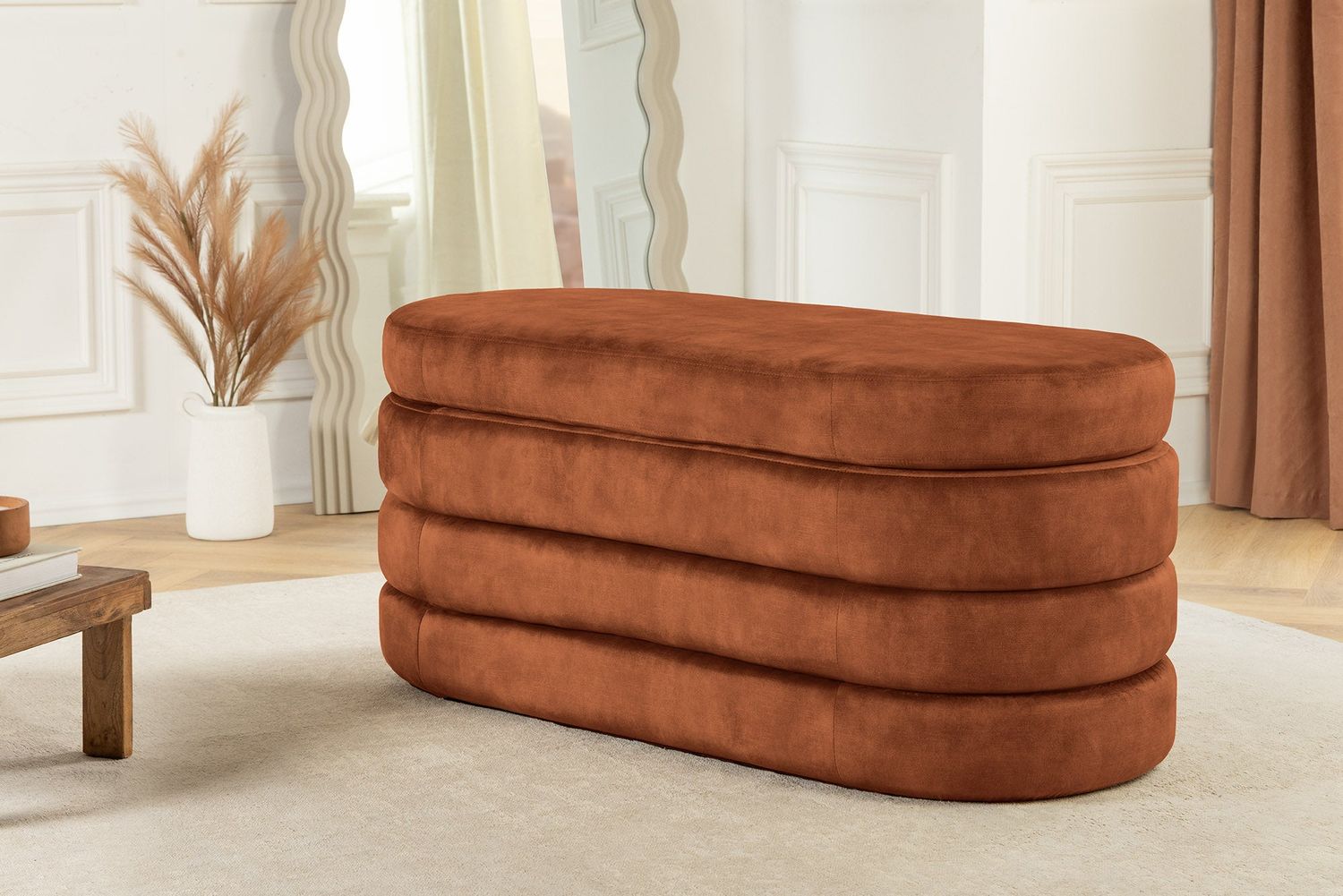 Banquette coffre VOQUE 115 cm velours marron rouille avec espace de rangement - 46691