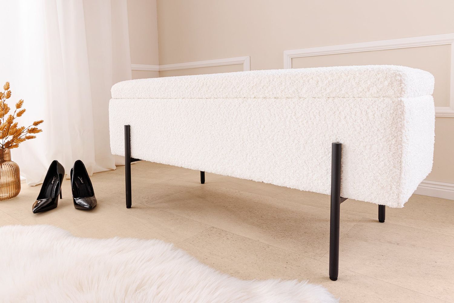 Banquette vestiaire LOFT 100cm bouclé blanc - 45728