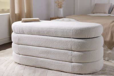 Banquette-coffre VOQUE 115 cm en tissu bouclé blanc crème avec assise rembourrée et espace de rangement - 43387