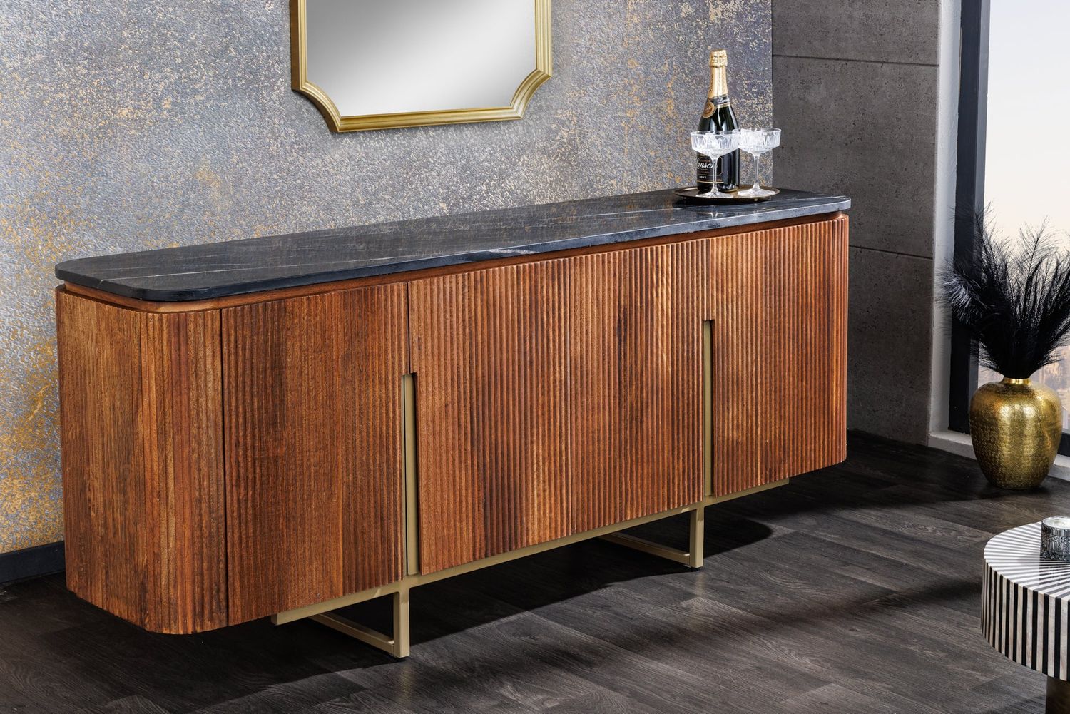 Buffet GATSBY 160 cm style rétro bois de manguier plateau en marbre doré noir - 43336