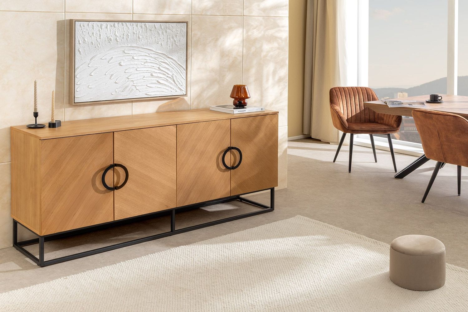 Buffet GRANDEZZA 180 cm aspect chêne avec structure en métal noir - 46698